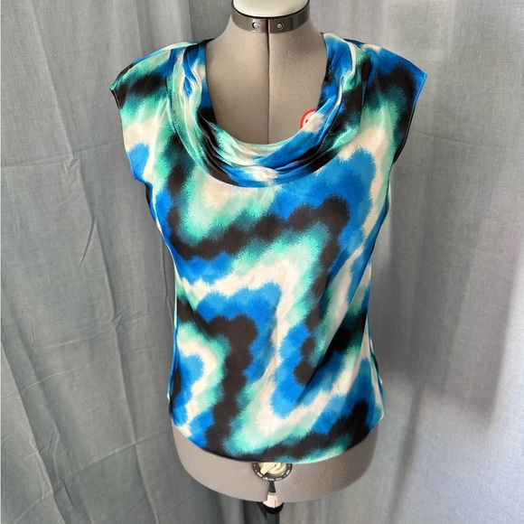 Anne Klein Blue and Black Patterned Blouse - Picture 1 of 4